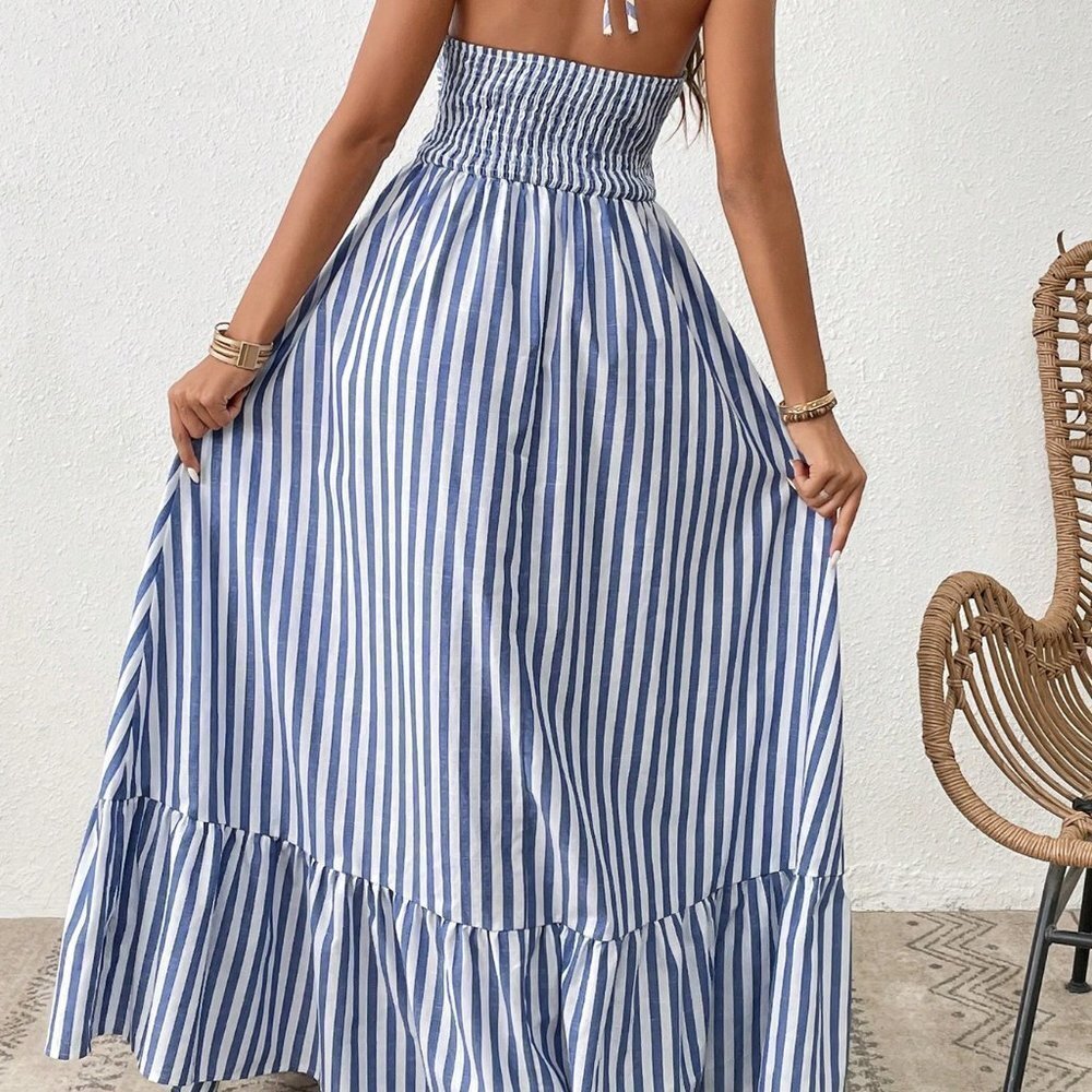 Blue Boho Womens Striped Print Cut Out Ruffle Hem Halter Neck Dress - Picture 3 of 5